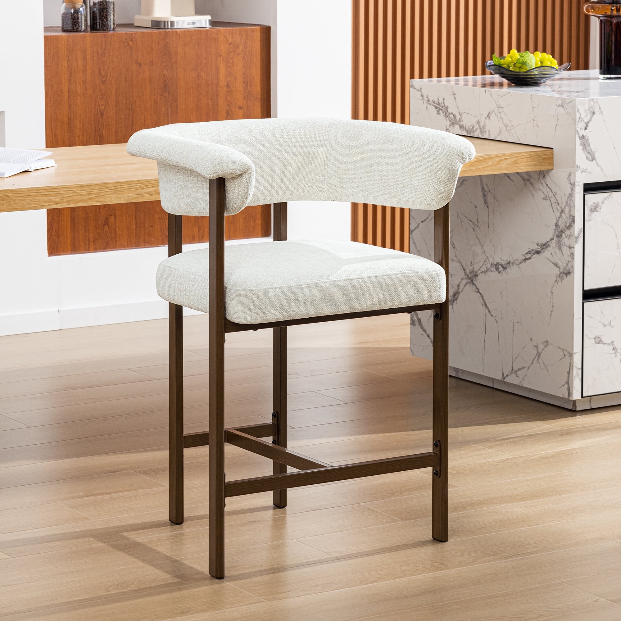 Primy Counter Height Bar Stool with Padded Arms, Modern Fabric Upholstered Dining Room Barstools Kitchen Island Armchair with Footrest+Curved Backrest
