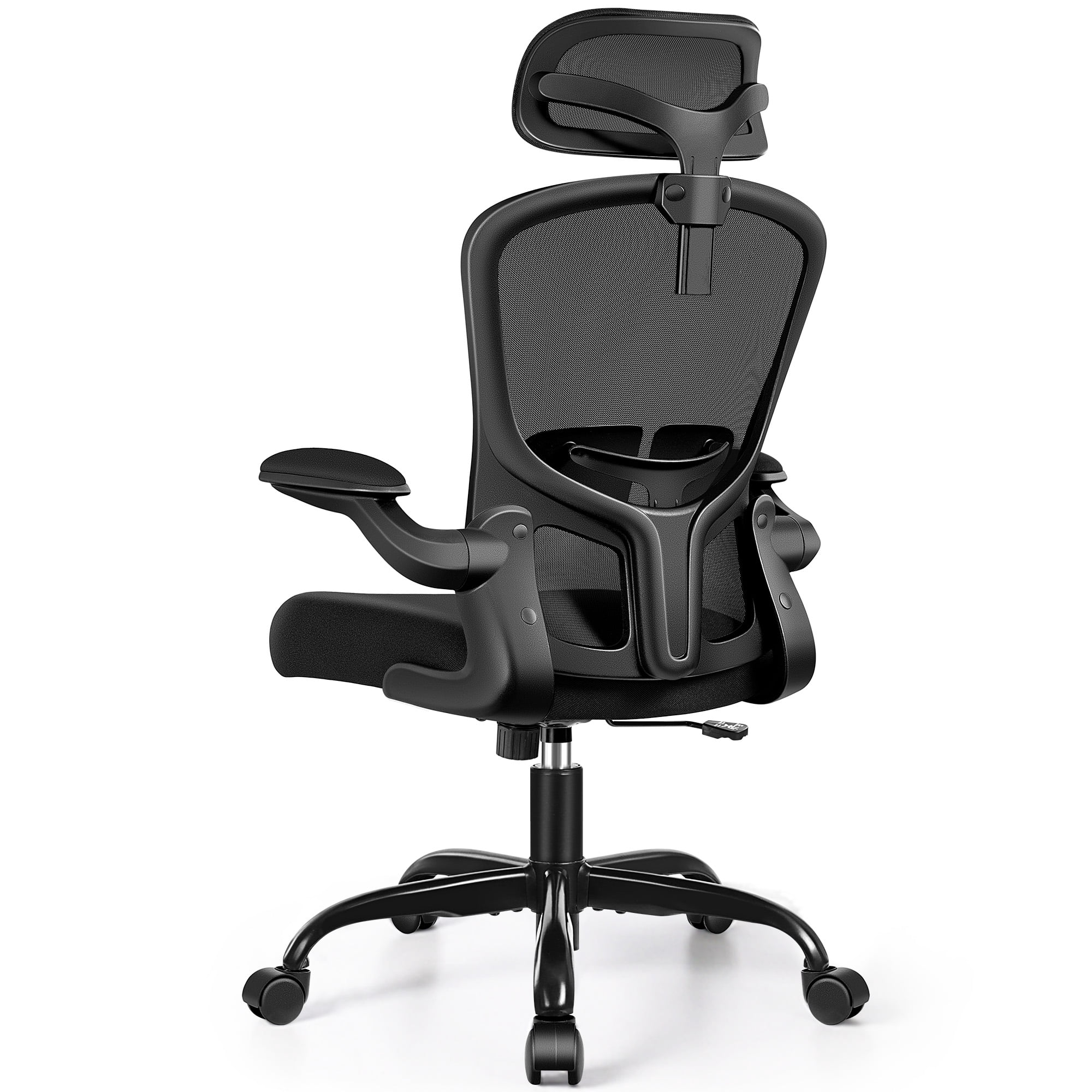 Primy High Back Office Chair, Ergonomic Desk Chair with Headrest, Mesh Computer Gaming Chair with Adjustable Lumbar Support and Wheels, Flip-up Armrests for Home Office