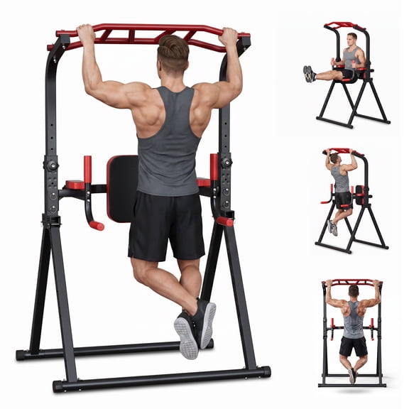 Primy 700LBS Pull Up Bar Station, Foldable Multi-Function Power Tower, 8-Level Adjustable Dip Station with Multi-Grip Handles, Backrest, Elbow Pads, Home Gym Strength Training Stand Equipment
