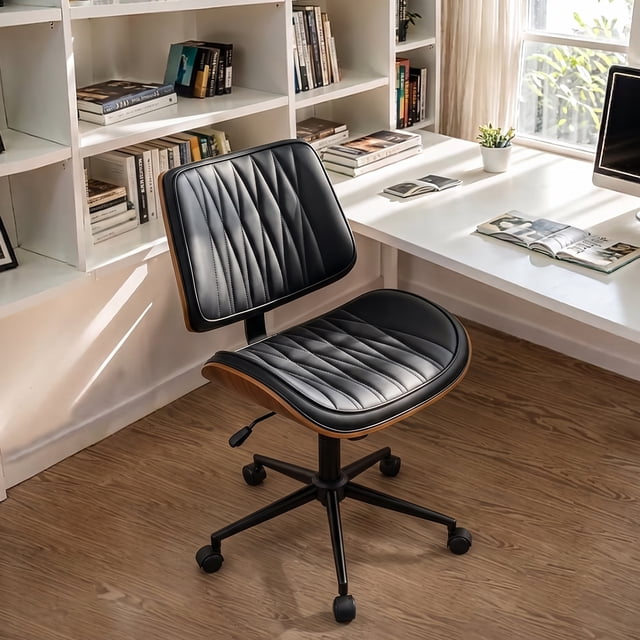 Primy Armless Office Desk Chair, Mid-Century Modern Faux Leather Task ...