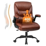 Primy Compact PU Leather Office Chair - Ergonomic Adjustable Height Computer Desk Chair with Flip-Up Armrests, Mid-Back Executive Swivel Chair on Wheels for Small Spaces & Petite Users, Brown