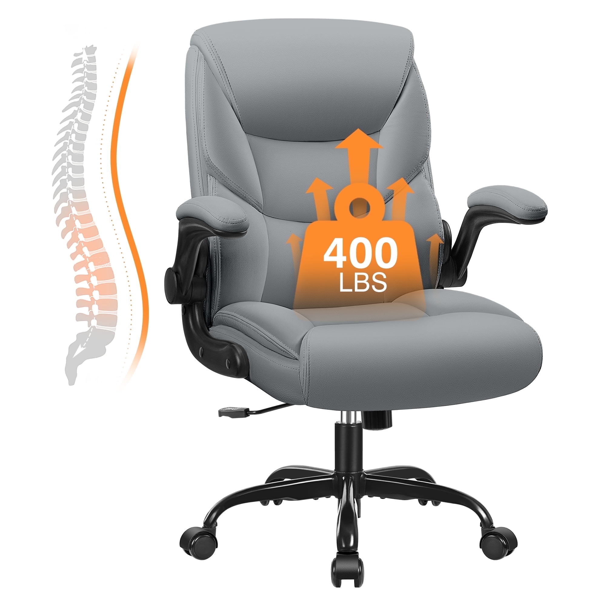 Primy Compact PU Leather Office Chair - Ergonomic Adjustable Height Computer Desk Chair with Flip-Up Armrests, Mid-Back Executive Swivel Chair on Wheels for Small Spaces & Petite Users, Gray