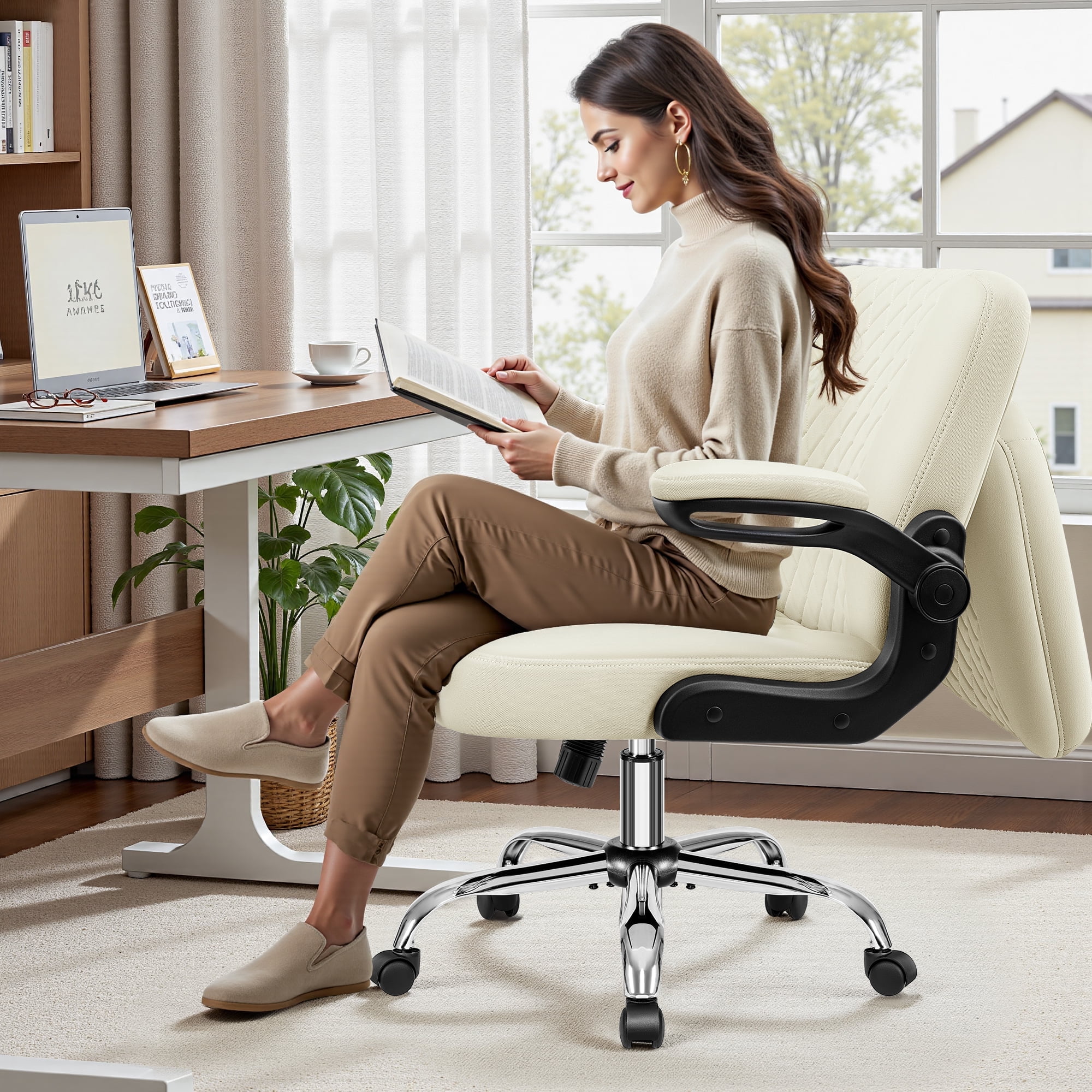 Primy Criss Cross Office Chair with 2-in-1 Flip Backrest, Ergonomic PU Leather Floor Sitting Chair, 360° Swivel Flip-Up Arms, Extra-Wide Seat