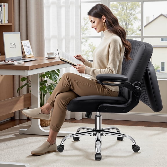Primy Criss Cross Office Chair with 2-in-1 Flip Backrest, Ergonomic PU Leather Floor Sitting Chair, 360° Swivel Flip-Up Arms, Extra-Wide Seat