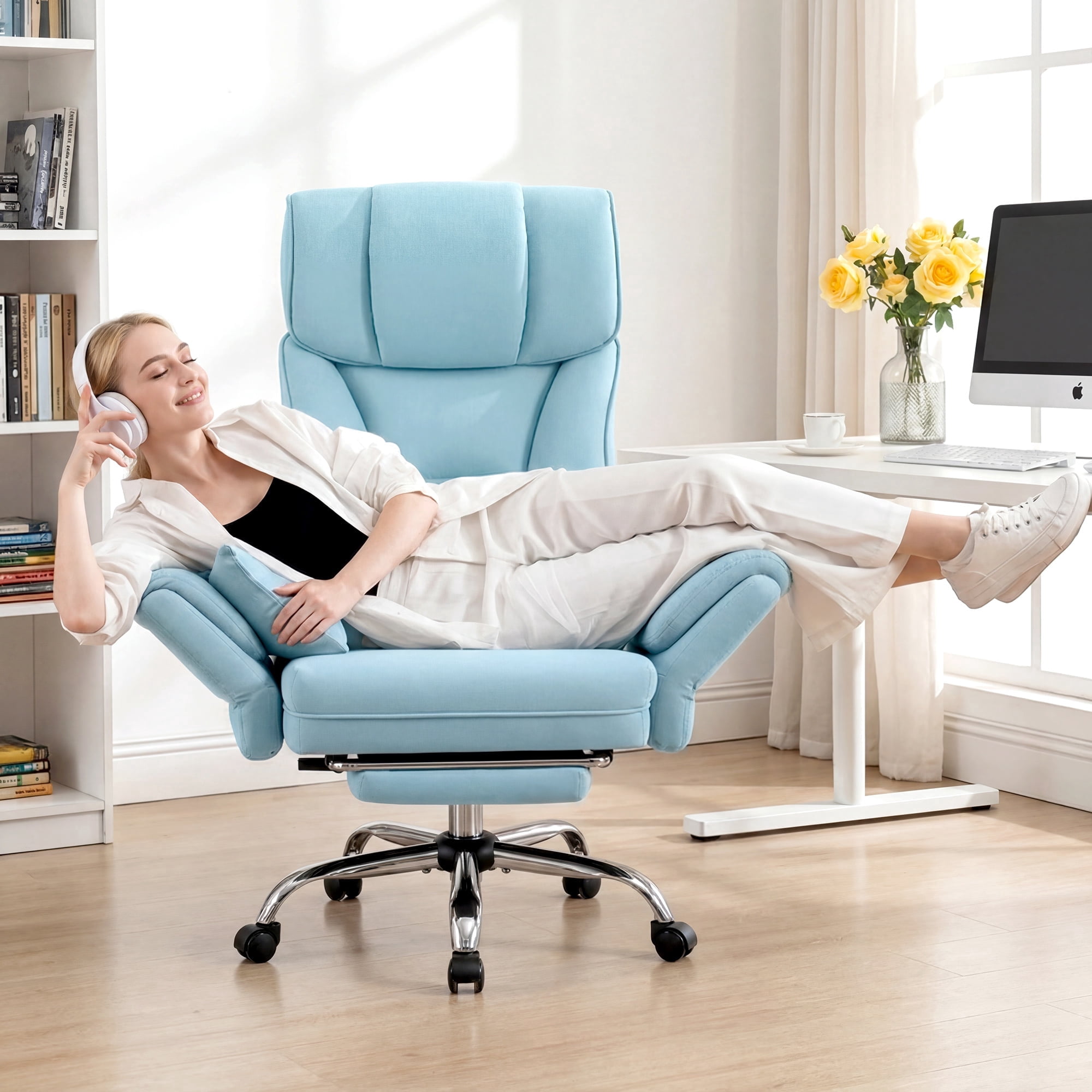 Primy Cross Legged Big and Tall Office Chair with Footrest & Convertible Armrests, 500LBS Velvet Home Desk Chair, Ergonomic Recliner with Lumbar Pillow, Criss Cross Soft-Cushioned Executive Chair