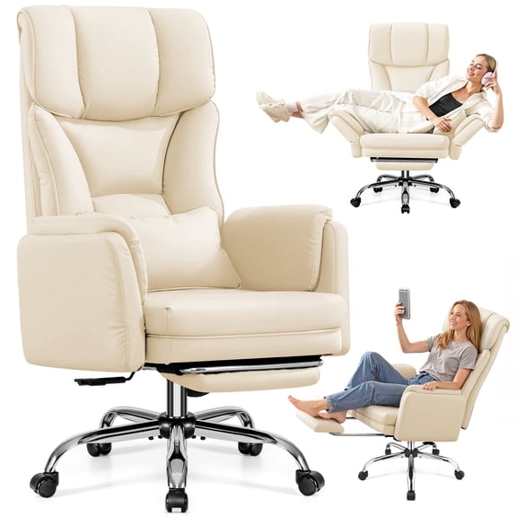 Primy Cross Legged Office Chair with Footrest & Convertible Armrests, 500LBS Capacity Home Desk Chair, Ergonomic Recliner with Lumbar Pillow, Criss Cross Design, Big and Tall Executive Chair, White