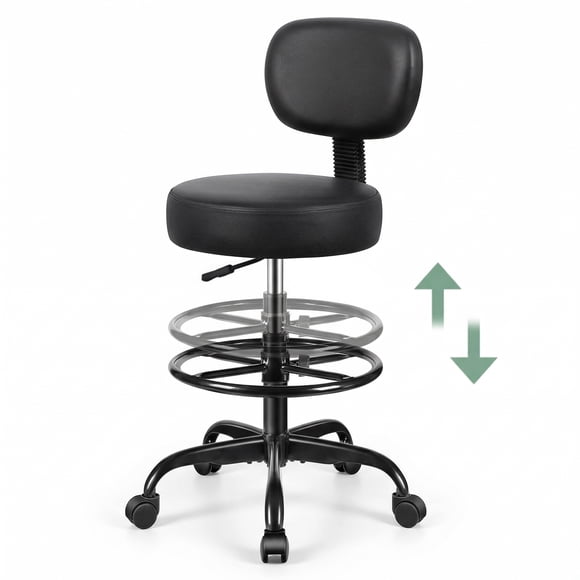 Primy Drafting Office Chair with Backrest - Adjustable Rolling Stool | Armless Office & Bar Height Chair | PU Leather with Thick Cushion | for Home, Office, Salon, Kitchen, Shop, Black