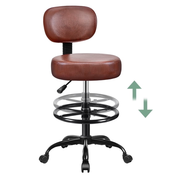 Primy Drafting Office Chair with Backrest - Adjustable Rolling Stool | Armless Office & Bar Height Chair | PU Leather with Thick Cushion | for Home, Office, Salon, Kitchen, Shop, Brown