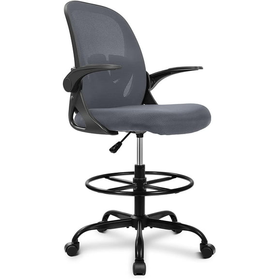 Primy Drafting Chair Tall Office Chair with Flip-up Armrests Executive Ergonomic Computer Standing Desk Chair with Lumbar Support and Adjustable Footrest Ring（Dark Gray）