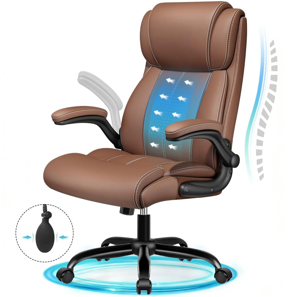 Primy Ergonomic Office Chair with Adjustable Air Lumbar, Home Desk Computer Chair, Leather High-Back Executive Chairs with Flip-Up Arms, Rocking Swivel Comfort