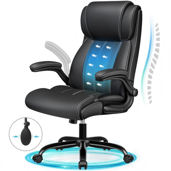Primy Ergonomic Office Chair with Adjustable Air Lumbar, Home Desk Computer Chair, Leather High-Back Executive Chairs with Flip-Up Arms, Rocking Swivel Comfort