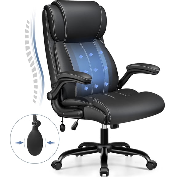 Primy Ergonomic Office Chair with Adjustable Air Lumbar, Home Desk Computer Chair, Leather High-Back Executive Chairs with Flip-Up Arms, Rocking Swivel Comfort