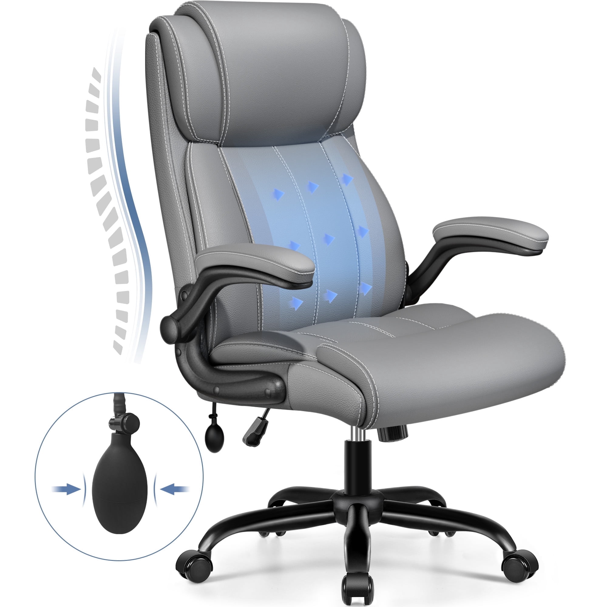 Primy Ergonomic Office Chair with Adjustable Air Lumbar, Home Desk Computer Chair, Leather High-Back Executive Chairs with Flip-Up Arms, Rocking Swivel Comfort