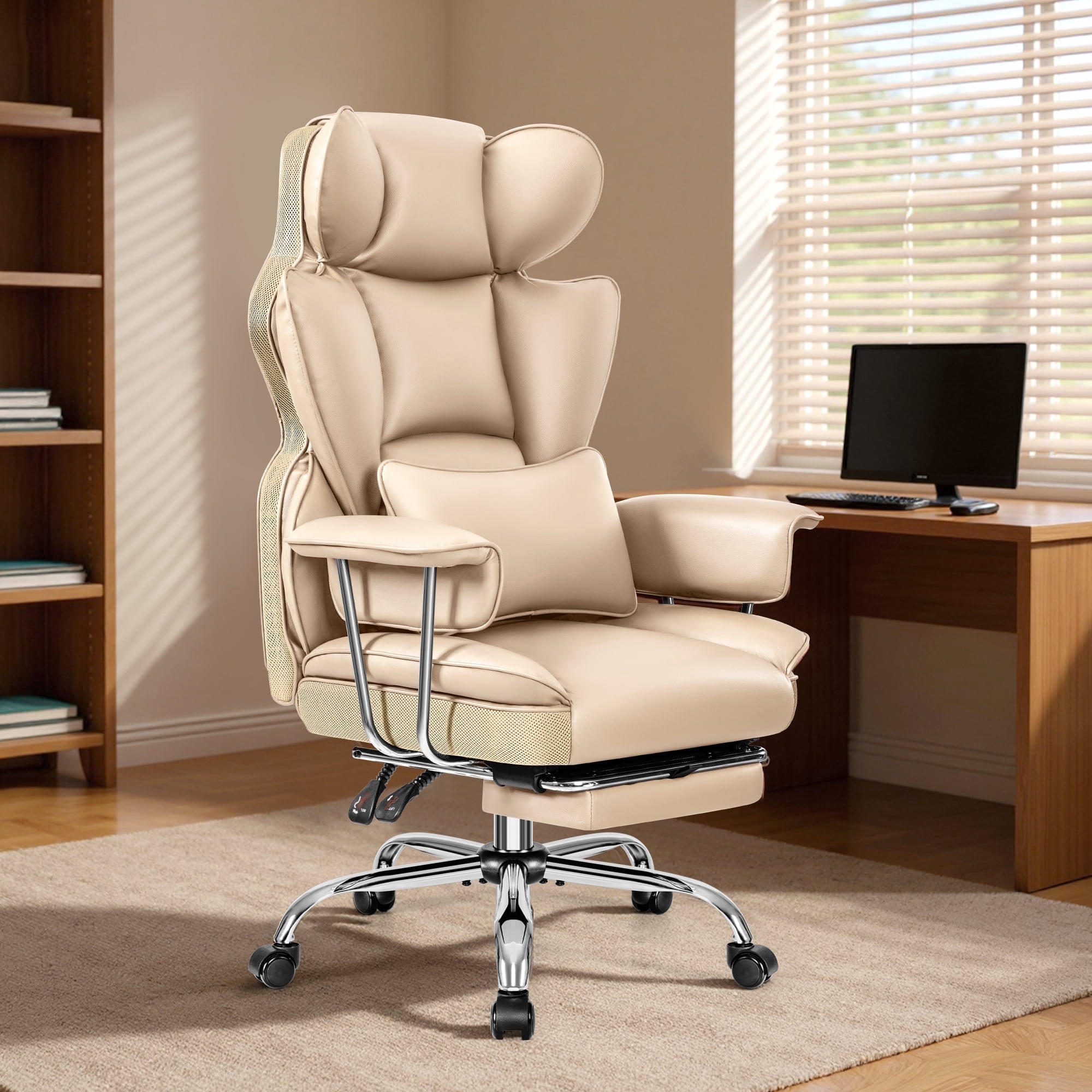Primy High Back Office Chair, Big and Tall PU Leather Executive Chair with Footrest – Ergonomic Reclining Computer Desk Chair, High-Density Foam, Heavy Duty Swivel Rolling Chair, Khaki