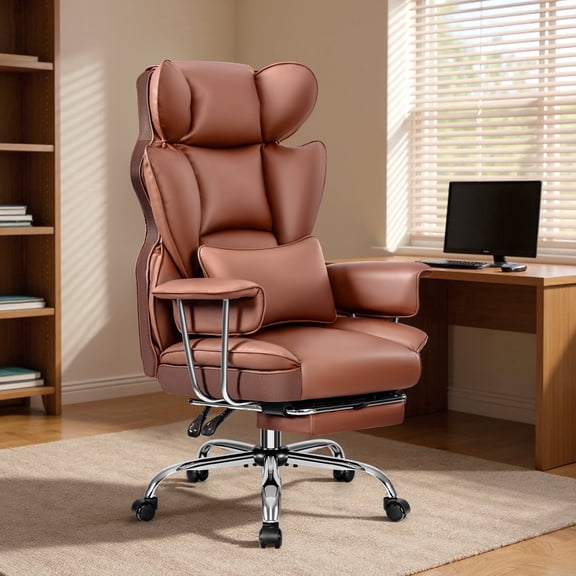 Primy High Back Office Chair, Big and Tall PU Leather Executive Chair with Footrest – Ergonomic Reclining Computer Desk Chair, High-Density Foam, Heavy Duty Swivel Rolling Chair, Brown