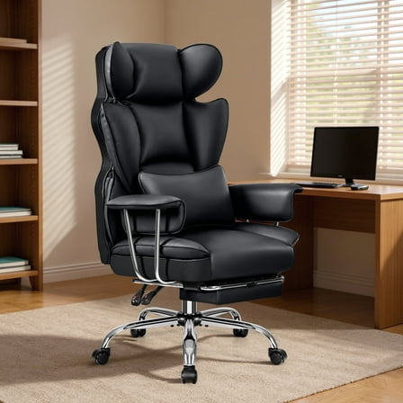 Primy High Back Office Chair, Big and Tall PU Leather Executive Chair with Footrest – Ergonomic Reclining Computer Desk Chair, High-Density Foam, Heavy Duty Swivel Rolling Chair, Black