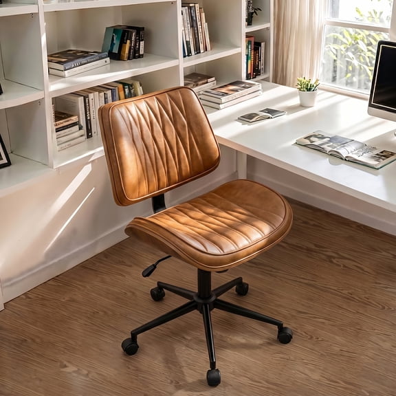 Primy Armless Office Desk Chair, Mid-Century Modern Faux Leather Task Office Chair with Bentwood-Inspired Detailing, Adjustable Height Swivel Rolling Task Computer Chair with Walnut Accent for Home O
