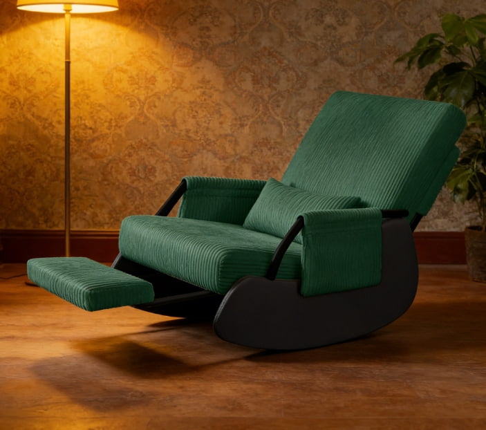 Primy Nursery Rocking Chair, Low-Seat Glider Chair, Upholstered Rocking Accent Chair Recliner with Side Pocket and Foot Rest for Mom Nursery Living Room Bedroom