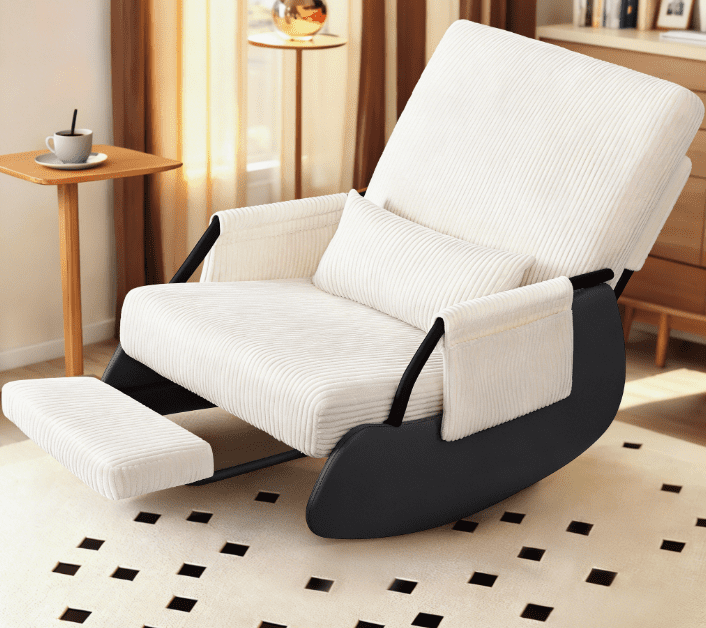 Primy Nursery Rocking Chair, Low-Seat Glider Chair, Upholstered Rocking Accent Chair Recliner with Side Pocket and Foot Rest for Mom Nursery Living Room Bedroom