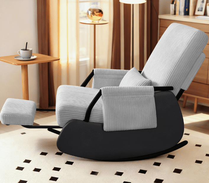 Primy Nursery Rocking Chair, Low-Seat Glider Chair, Upholstered Rocking Accent Chair Recliner with Side Pocket and Foot Rest for Mom Nursery Living Room Bedroom