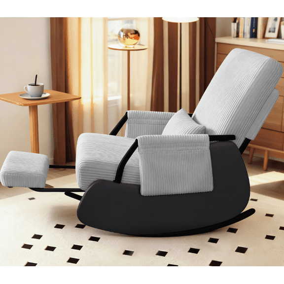 Primy Nursery Rocking Chair, Low-Seat Glider Chair, Upholstered Rocking Accent Chair Recliner with Side Pocket and Foot Rest for Mom Nursery Living Room Bedroom