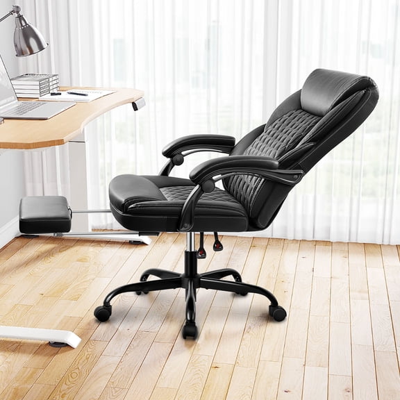 Primy Office Chair with Retractable Footrest, Ergonomic High Back Executive Computer Desk Chair, Big & Tall PU Leather Reclining Chair for Home Office Work
