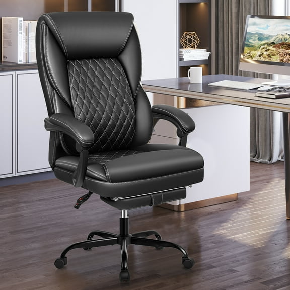 Primy Office Chair with Retractable Footrest, Ergonomic High Back Executive Computer Desk Chair, Big & Tall PU Leather Reclining Chair for Home Office Work