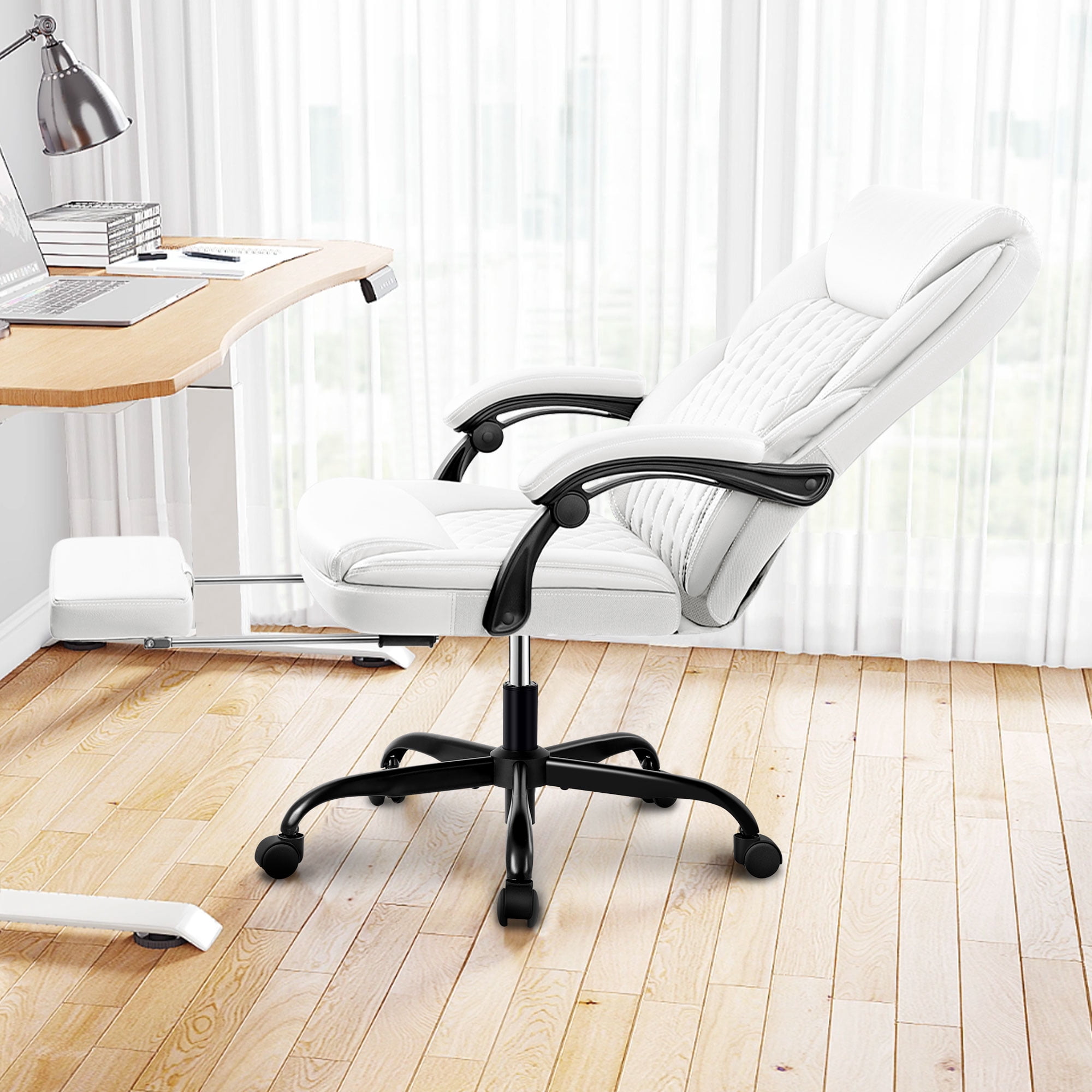 Primy Office Chair with Retractable Footrest, Ergonomic High Back Executive Computer Desk Chair, Big & Tall PU Leather Reclining Chair for Home Office Work