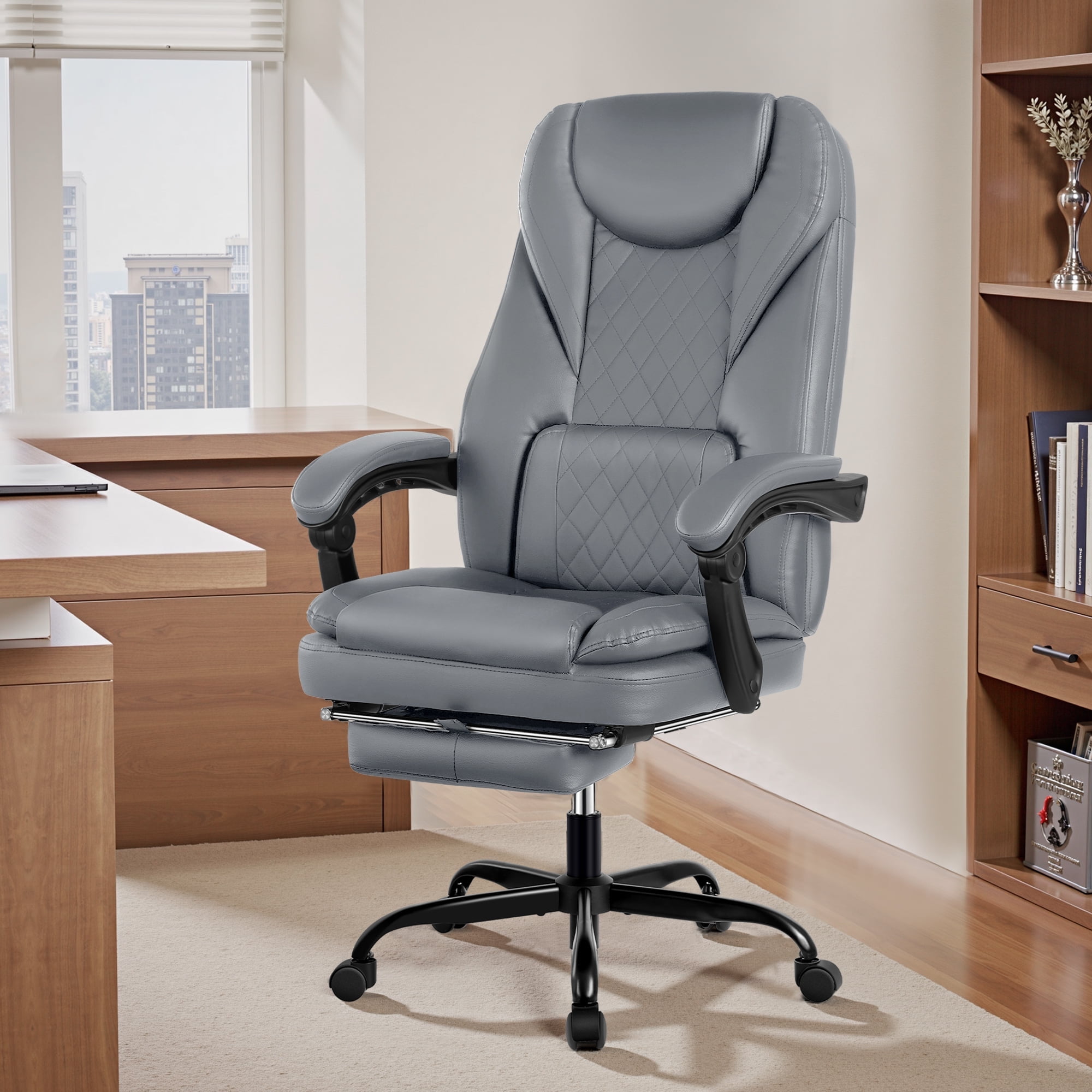 Primy Premium Executive Office Chair - Big & Tall PU Leather Reclining Chair with Footrest & Lumbar Support, 400lb Heavy Duty Ergonomic Computer Desk Chair for Home/Office, Gray