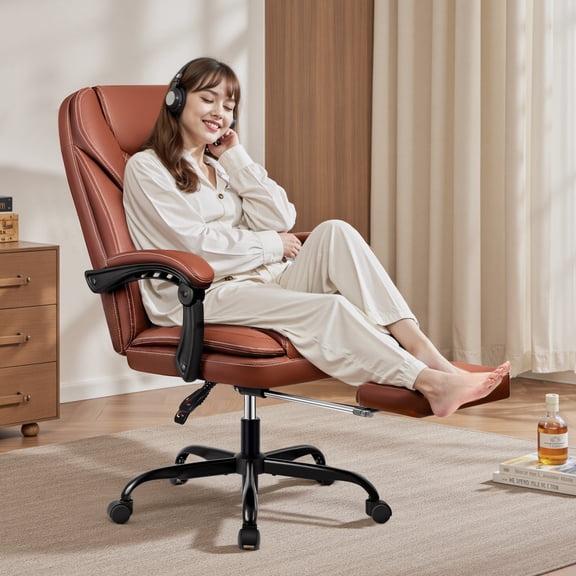 Primy Premium Executive Office Chair - Big & Tall PU Leather Reclining Chair with Footrest & Lumbar Support, 400lb Heavy Duty Ergonomic Computer Desk Chair for Home/Office, Brown