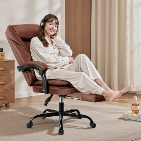 Primy Premium Executive Office Chair - Big & Tall PU Leather Reclining Chair with Footrest & Lumbar Support, 400lb Heavy Duty Ergonomic Computer Desk Chair for Home/Office, Brown