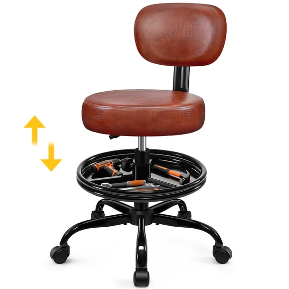 Primy Shop Stool with Wheels for Garage, Rolling Mechanics Chair with Backrest, Adjustable Height Heavy Duty Garage Stool with Footrest and Storage Tray, Swivel Task Chair for Workshop Kitchen Salon
