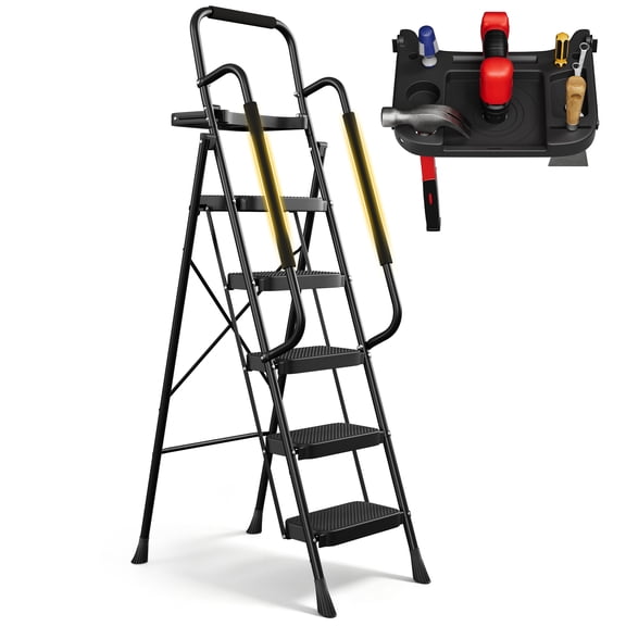 Primy Step Ladder with Handrail and Tool Tray, Folding Step Stool with Wide Anti-Slip Pedal, Lightweight Portable Steel Step Stool for Home, Garden, Painting, Outdoor, and Garage