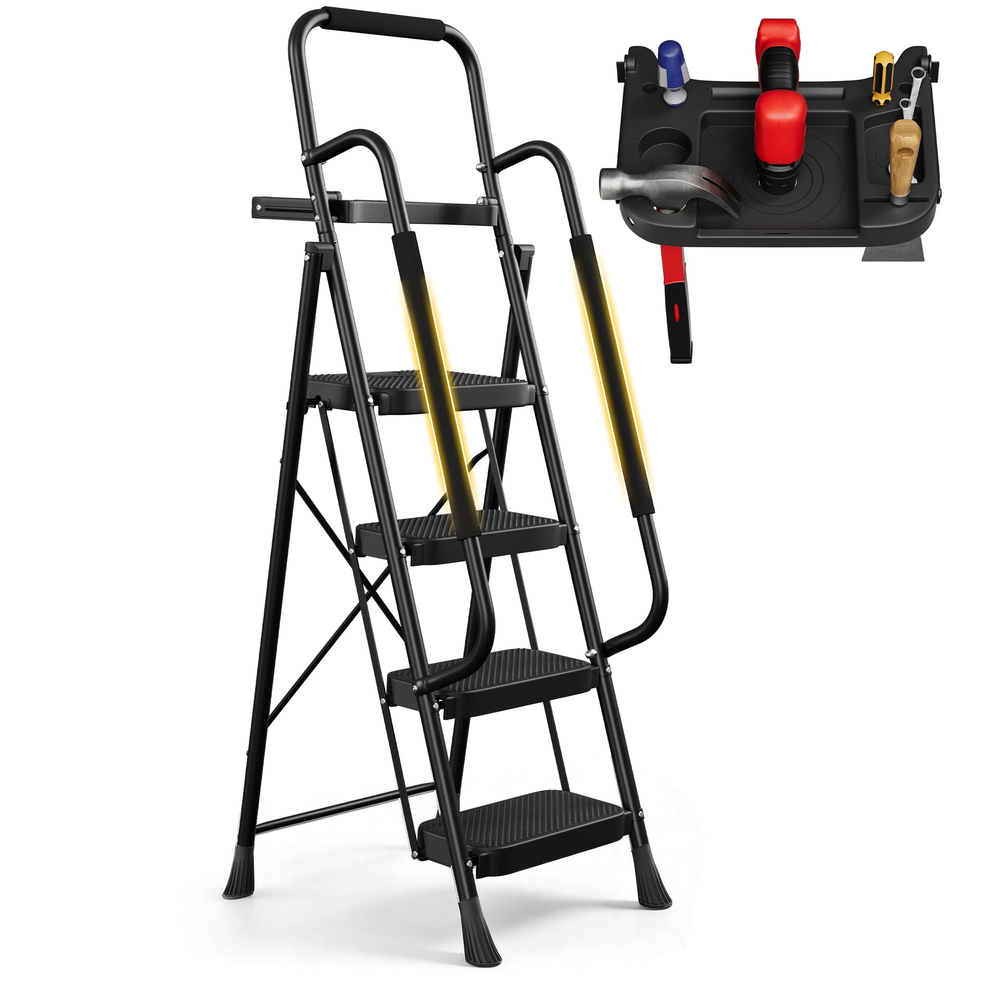 Primy Step Ladder with Handrail and Tool Tray, Folding Step Stool with ...