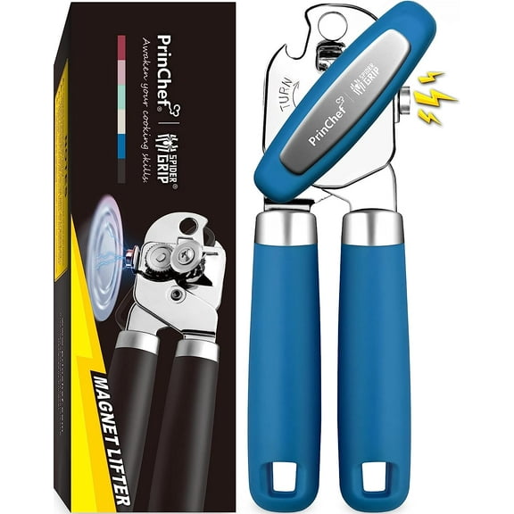 PrinChef Can Opener Manual, Can Tin Bottle Opener with Magnet - No-Trouble-Lid-Lift, Handheld Can Opener Smooth Edge with Sharp Blade, Heavy Duty and Easy to Use, for Seniors with Arthritis, Blue