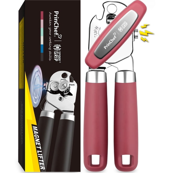 PrinChef Can Opener Manual, Can Tin Bottle Opener with Magnet - No-Trouble-Lid-Lift, Handheld Can Opener Smooth Edge with Sharp Blade, Heavy Duty and Easy to Use, for Seniors with Arthritis, Red