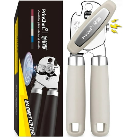PrinChef Can Opener Manual, Can Tin Bottle Opener with Magnet - No-Trouble-Lid-Lift, Handheld Can Opener Smooth Edge with Sharp Blade, Heavy Duty and Easy to Use, for Seniors with Arthritis, White