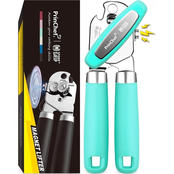 PrinChef Can Opener Manual, Can Tin Bottle Opener with Magnet - No-Trouble-Lid-Lift, Handheld Can Opener Smooth Edge with Sharp Blade, for Seniors with Arthritis, Lake Blue