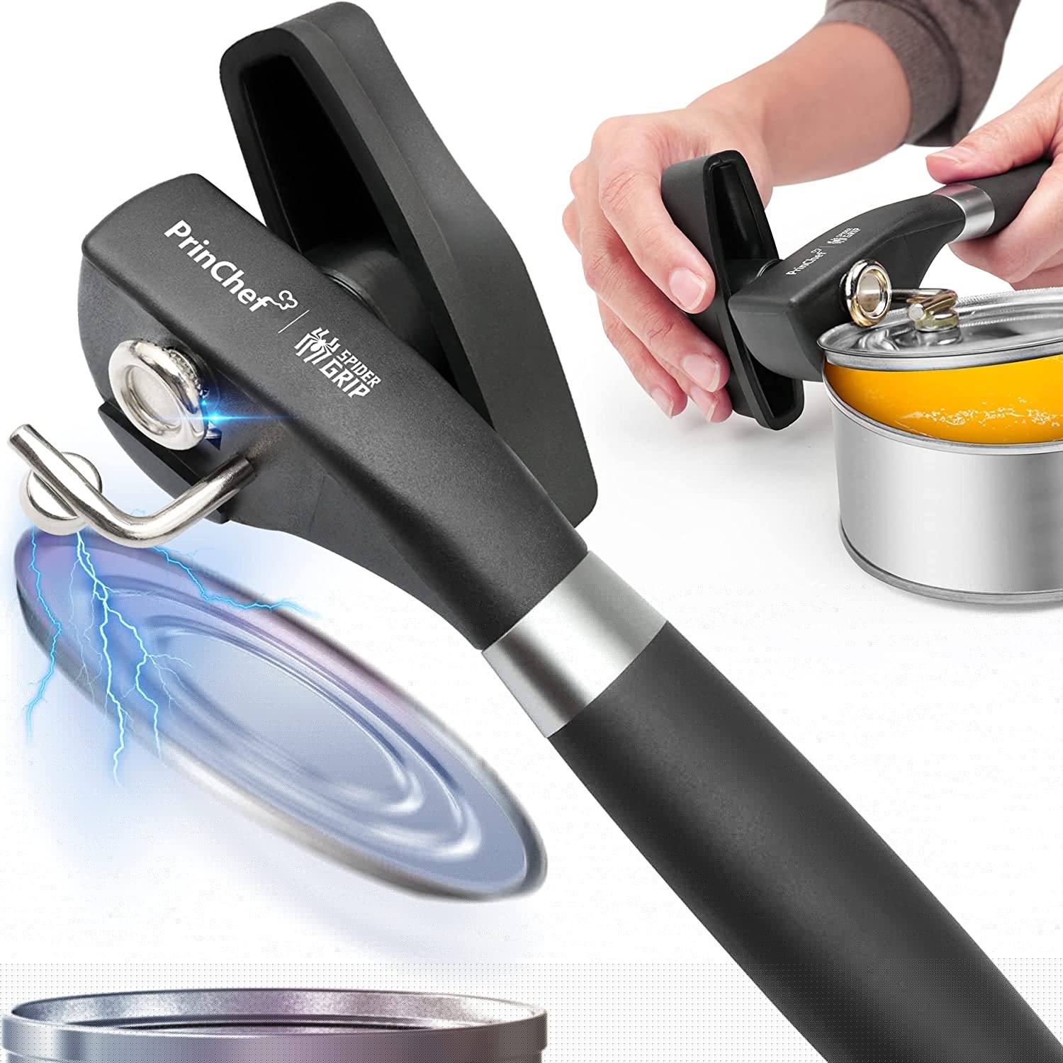 PrinChef Can Opener Smooth Edge, Safety Can Opener Manual | Side Cut Hand Can Openers No-Trouble-Lid-Lift, Stainless Steel Blade & Large Rubber Handle, No Rust & Comfortable to Hold Can Express, Black