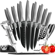 PrinChef Knife Set, 19 Pcs Rust Proof Knives Set for Kitchen, with Acrylic Stand, Sharpener, Scissors and Peeler, Stainless Steel knife sets with Black Coating, Nonstick and No Scratch