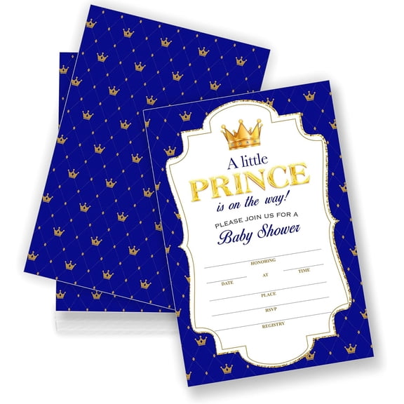Prince Baby Shower Invitations,Glitter Royal Prince Fill-in Invites, Gold Crown Baby Shower Invitations for Boys,Gender Reveal Party Supplies Decorations(25 Count with Envelopes),B02