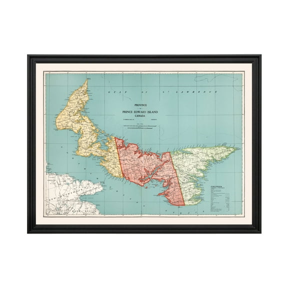 Prince Edward Island Canada Canada Art, 1925 Vintage Map of Prince Edward Island Canada Canada History Wall Decor Gift, Old Prince Edward Island Canada Map - 24" x 18" Black Framed Print