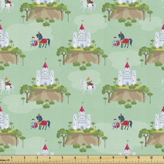 Prince Fabric by the Yard Upholstery, Cartoon Pattern of Royalty Knight with Horse and Castle Themed Image, Decorative Fabric for DIY and Home Accents, 1 Yard, Multicolor by Ambesonne
