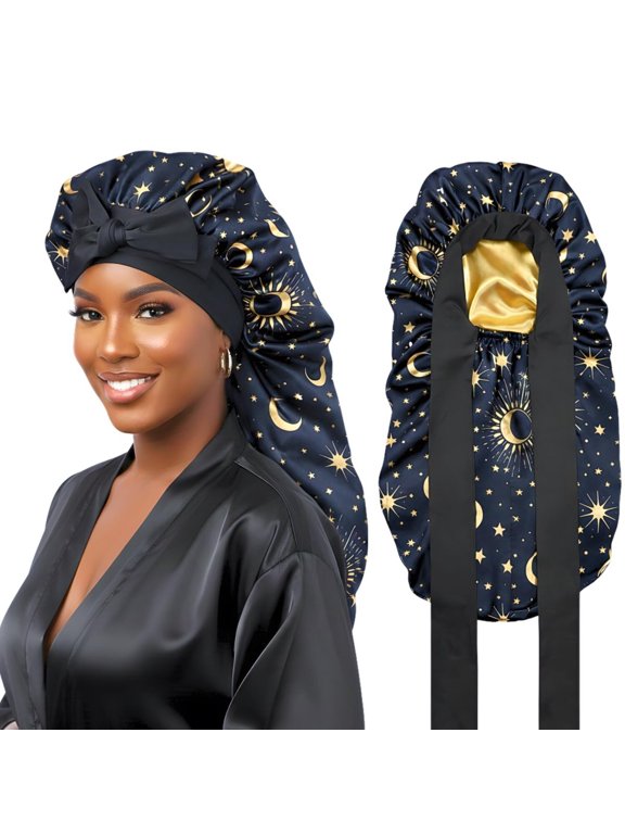 Long Reversible Satin Bonnet for Braids and Locs, Celestial Print, Adjustable Stretch Ties, 24 Inch