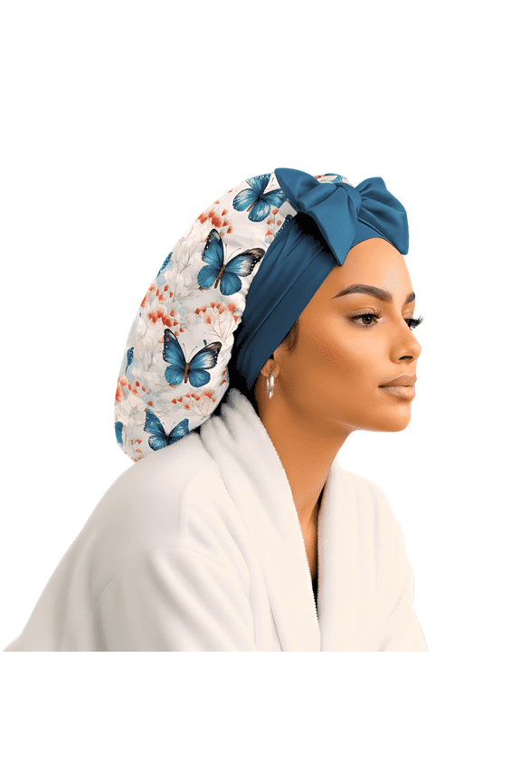 Premium Handmade Silk Satin Sleep Bonnet, Butterfly Bloom, L/XL, Gift Set
