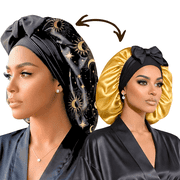 Prince Hair Company Satin Bonnet for Sleeping, Reversible Silk Infused Hair Bonnet, Celestial Print and Gold, Large
