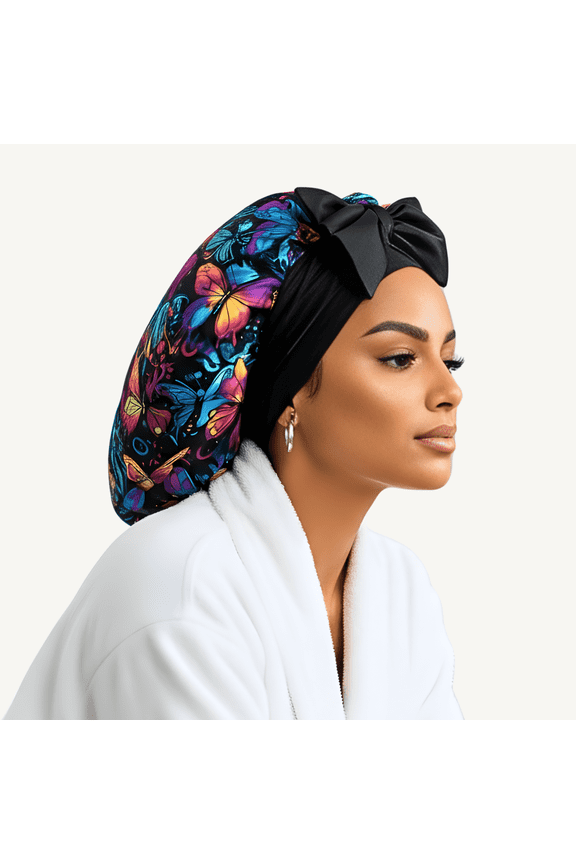 XL Premium Charmeuse Silk Sleep Bonnet for Women in Graffiti Butterfly Print