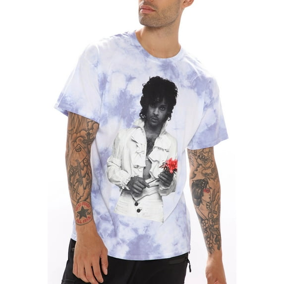 Prince Men's Officially Licensed Rose Purple Rain Graphic Tie Dye Tee T-Shirt (Large, Blue/Off White Tie Dye Wash)