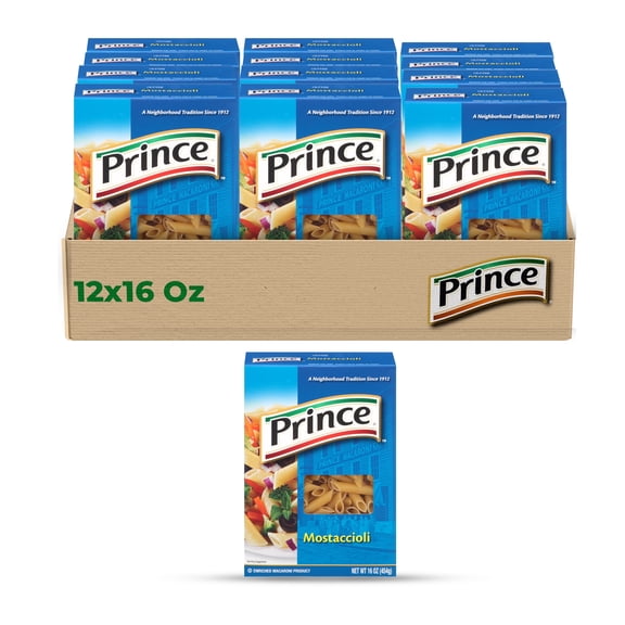 Prince Mostaccioli Rigate (12-Pack, 16 oz) Tube-shaped ridged pasta for baked dishes & hearty sauces.
