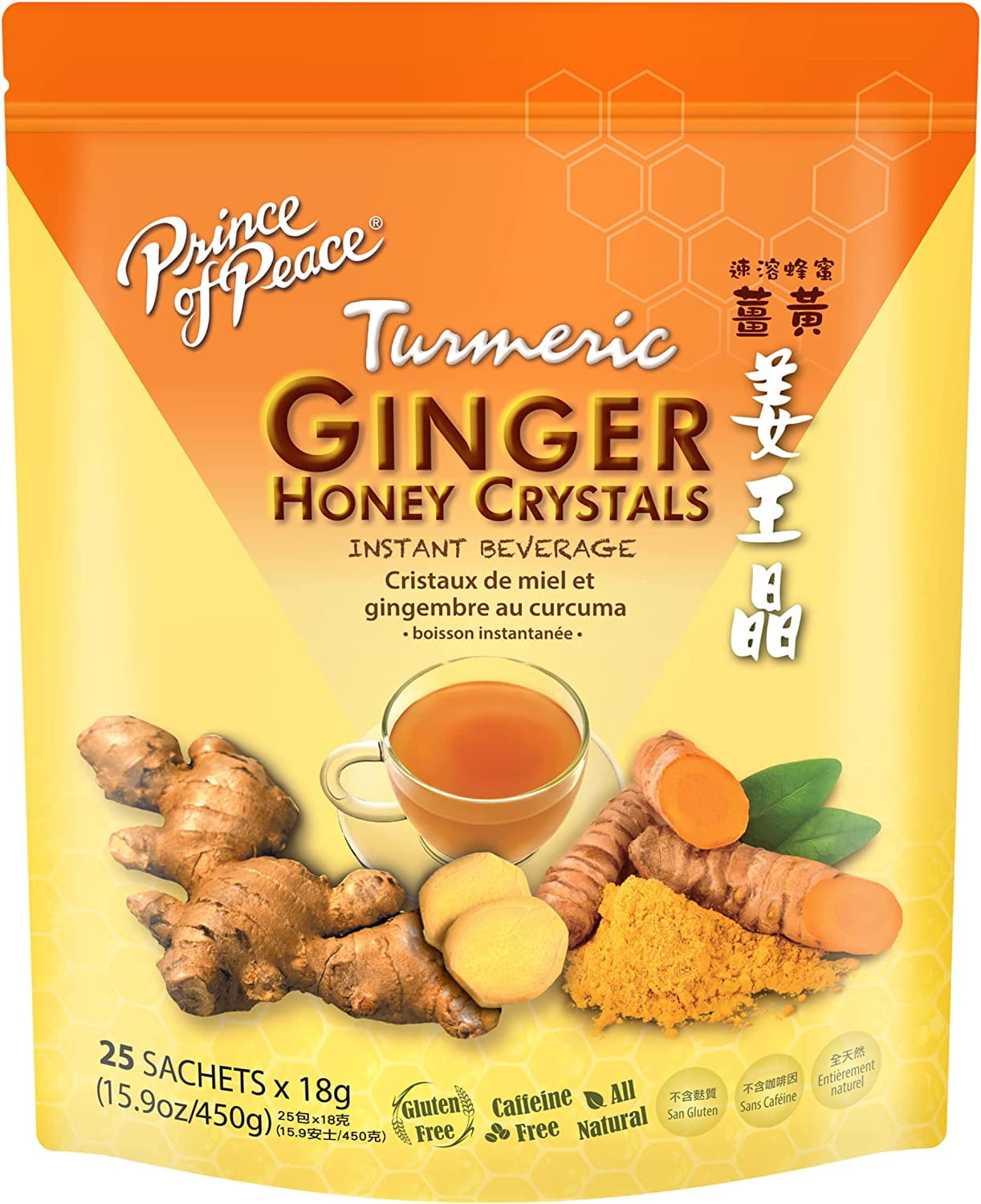 Prince Of Peace Instant Ginger Honey Crystal W/Turmeric 18G X 25 (Pack of 5)